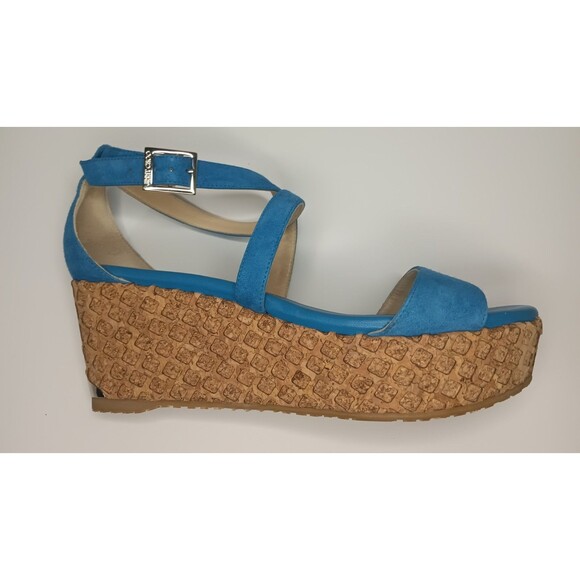 Jimmy Choo Wedge Sandals Blue Suede Cork Espadrilles Made in Spain Size 38 - Picture 4 of 16